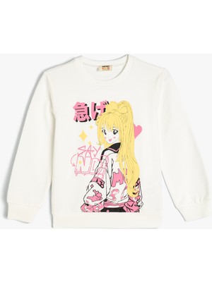 Koton Sweatshirt Anime Baskılı Bisiklet Yaka Uzun Kollu Pamuklu