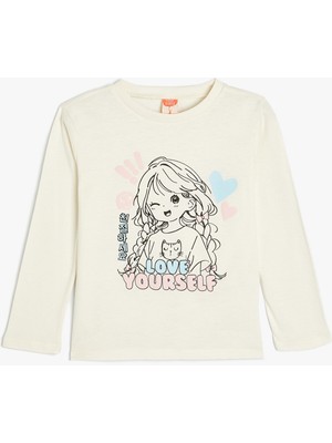 Koton Uzun Kollu Pamuklu Tişört Erkek Çocuk İçin Bisiklet Yaka Günlük Ekru Renk Grafik Desenli