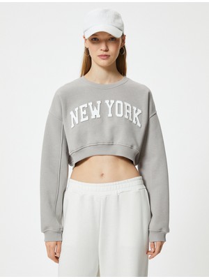 Koton Crop Oversize Sweatshirt Kolej Baskılı Bisiklet Yaka