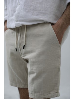 Cool Tarz Erkek Bej Musli Bağcıklı Keten Şort