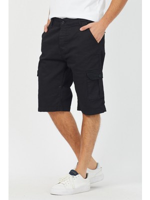Cool Tarz Erkek Siyah Kargo Cep Likralı Şort Düz Desenli Rahat Kesim 2024 Sezonu