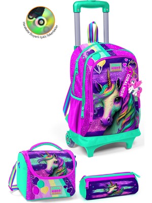 Coral High Kids Pembe Su Yeşili Üç Bölmeli Çekçekli Unicorn Desenli Çanta Seti Türkiye Menşeli 1.5 Kg