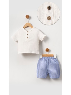 Bubito Unisex Bebek Çocuk %100 Pamuklu Çizgili Düğmeli Müslin 2'li Şortlu Takım - Mavi