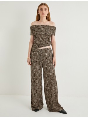 Koton Leopar Desenli Pantolon Wide Leg Beli Bağcıklı Relax Fit