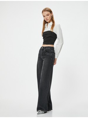 Koton Uzun Kollu Crop Gömlek Straplez Kumaş Detaylı Düğmeli Slim Fit