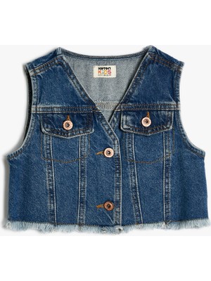 Koton Kız Çocuk Pamuklu Kruvaze Yaka Kolsuz Biker Ceket Lacivert Şık Tasarım