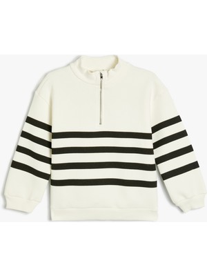 Koton Kız Çocuk Siyah Sweatshirt Yarım Fermuarlı Dik Yaka Pamuklu Truvakar Kol