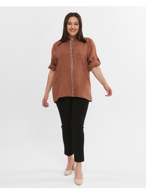 Laden Büyük Beden Kadın Pamuk Keten Anne Yazlık Baharlık Mevsimlik Taşlı  Uzun Kollu Gömlek