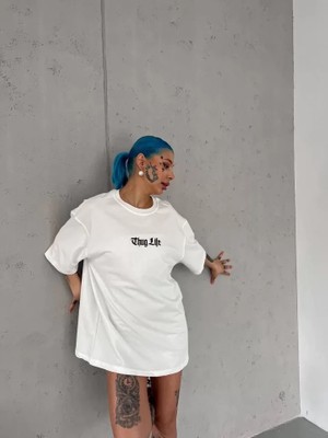 By Mino Unisex Bisiklet Yaka Baskılı Oversize T-Shirt - Beyaz