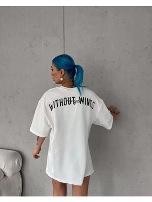 By Mino Unisex Bisiklet Yaka Baskılı Oversize T-Shirt - Beyaz