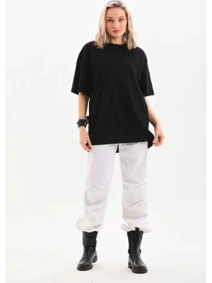 By Mino Unisex Bisiklet Yaka 20/1 Düz Oversize T-Shirt - Siyah