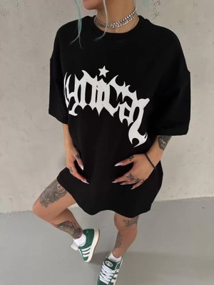 By Mino Unisex Bisiklet Yaka Baskılı Oversize T-Shirt - Siyah