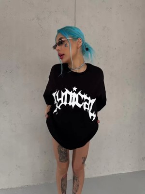 By Mino Unisex Bisiklet Yaka Baskılı Oversize T-Shirt - Siyah