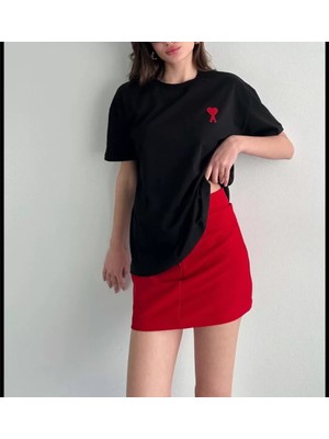 By Mino Unisex Bisiklet Yaka Baskılı Oversize T-Shirt - Siyah