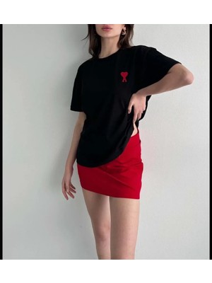 By Mino Unisex Bisiklet Yaka Baskılı Oversize T-Shirt - Siyah