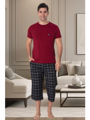 Mecit Pijama Mecit 2911 Bordo Ekoseli Erkek Büyük Beden Capri Pijama Takımı