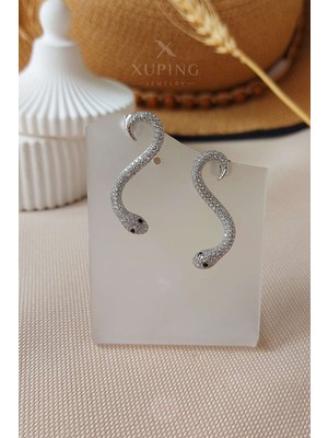 Xuping Jewelry Xuping Küpe Yılan Şeklinde ve Zirkon Taşlı 14 Ayar Altın Kaplama Gümüş Renk