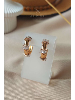 Xuping Jewelry Xuping Küpe Halka Şekilli Baget Kesim Zirkon Taşlı 14 Ayar Altın Kaplama Rose Renk