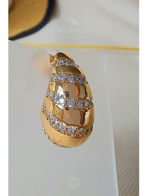 Xuping Jewelry Xuping Küpe Damla Şekillli ve Enine Zirkon Taşlı 14 Ayar Altın Kaplama Rose Renk