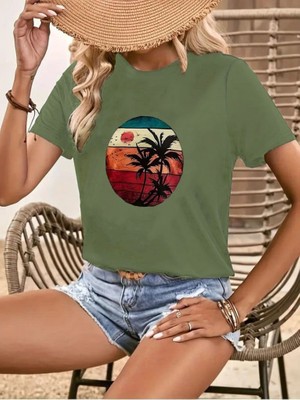 Janes Kadın Kısa Kollu Palmiye Baskılı Viskon T-Shirt