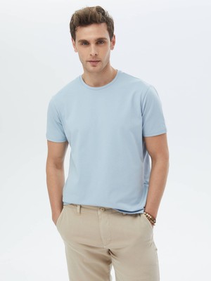 Kip Mavi Düz Bisiklet Yaka Pamuk Karışımlı T-Shirt