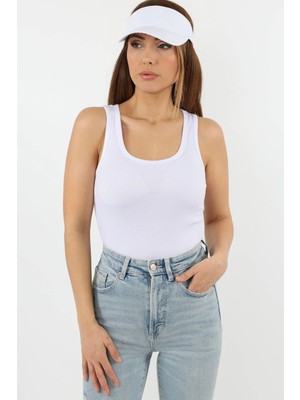 Yakamel Kadın Beyaz Fitilli Basic Örme Askılı Sporcu Atlet