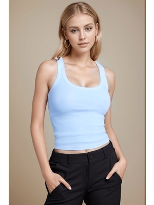 Yakamel Kadın Bebe Mavisi Askılı Ribana Fitilli Halter Yaka Spora Atlet