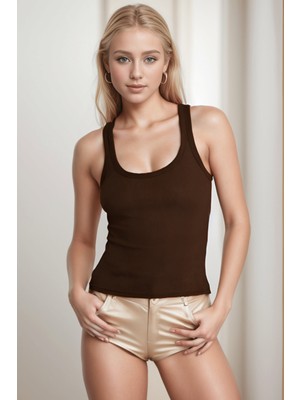 Yakamel Kadın Kahverengi Askılı Ribana Fitilli Halter Yaka Spora Atlet