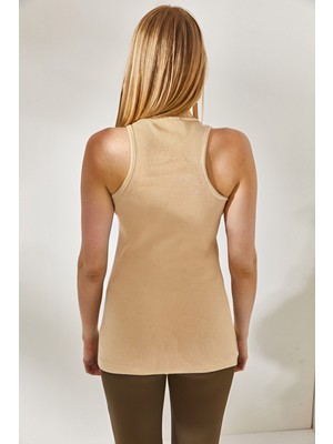 Yakamel Kadın Krem Spor Kalın Askılı Trend Fitilli Atlet