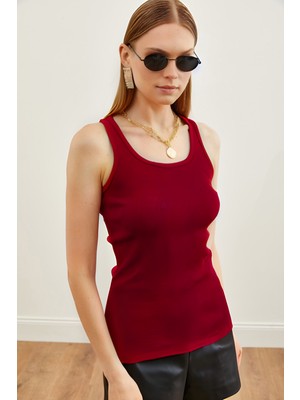 Yakamel Kadın Bordo Spor Kalın Askılı Trend Fitilli Atlet