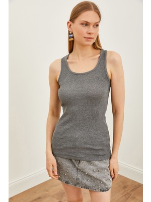 Yakamel Kadın Füme Spor Kalın Askılı Trend Fitilli Atlet