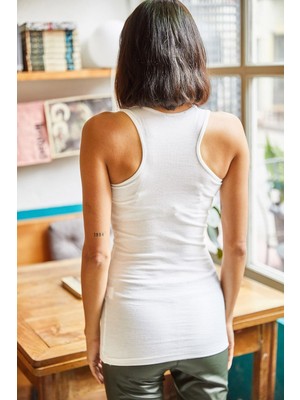 Yakamel Kadın Beyaz Spor Kalın Askılı Trend Fitilli Atlet