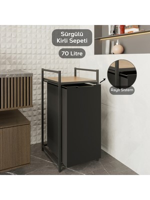 Meleni Home 70 Litre Sürgülü, Raflı Çamaşır Sepeti, Raflı Kirli Çamaşır Sepeti, Banyo Düzenleyici