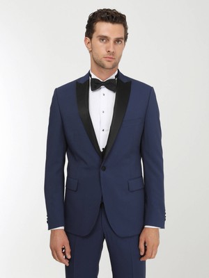 Kip Saks Düz Slim Fit Demonte Yaka Dokuma Y Smokin Takım Elbise