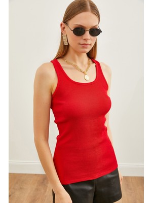 Yakamel Kadın Kırmızı Spor Kalın Askılı Trend Fitilli Atlet