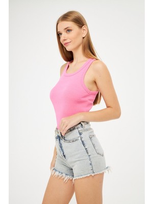 Yakamel Kadın Pembe Fitilli Basic Örme Askılı Trend Spor Atlet