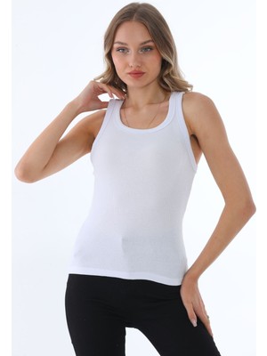 Yakamel Kadın Beyaz Fitilli Basic Örme Askılı Trend Spor Atlet