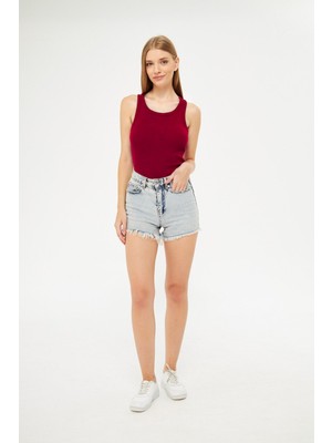 Yakamel Kadın Bordo Fitilli Basic Örme Askılı Trend Spor Atlet