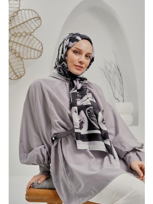 Afvente Yaprak Desen Siyah Soft Pamuk Şal