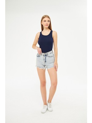 Yakamel Kadın Lacivert Fitilli Basic Örme Askılı Trend Spor Atlet