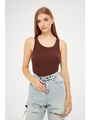 Yakamel Kadın Kahverengi Fitilli Basic Örme Askılı Trend Spor Atlet