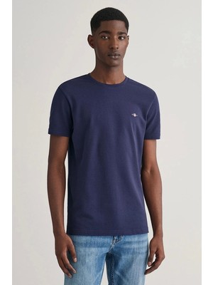 Gant Erkek Lacivert Slim Fit Bisiklet Yaka Logolu T-Shirt