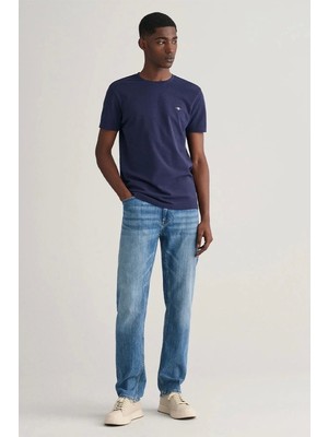 Gant Erkek Lacivert Slim Fit Bisiklet Yaka Logolu T-Shirt