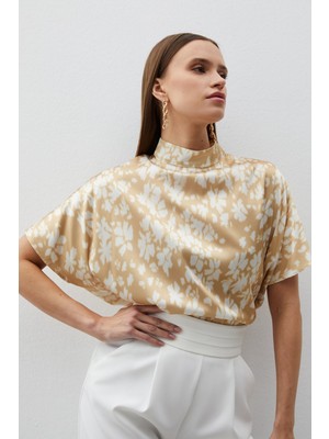 Sateen Dik Yaka Desenli Salaş Bluz - Kahve