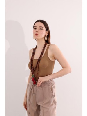 Yakamel Kadın Krem Fitilli Görünümlü Askılı Basic Esnek Yazlık Spor Atlet