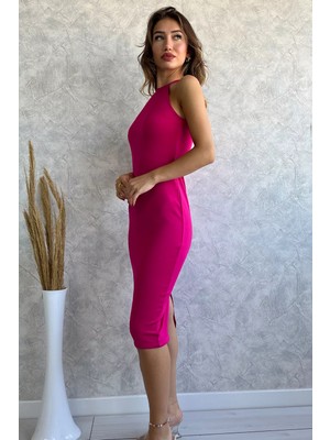 Gülseli Fuşya Halter Yaka Dalgıç Abiye Elbise P-00011710