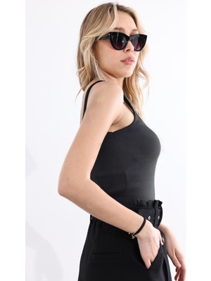 Yakamel Kadın Füme Fitilli Görünümlü Askılı Basic Esnek Yazlık Spor Atlet