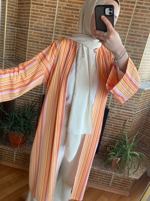 Balamony Turuncu Çizgi Desenli Jarse Kimono