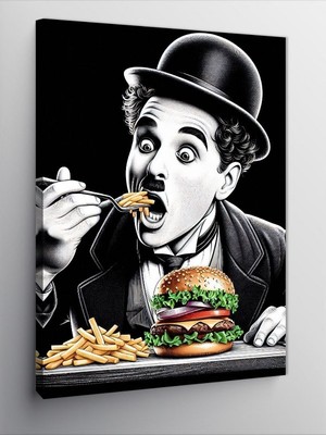 Karizma Tablo Kanvas Tablo Hamburger Yiyen Charlie Chaplin