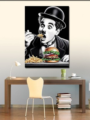 Karizma Tablo Kanvas Tablo Hamburger Yiyen Charlie Chaplin